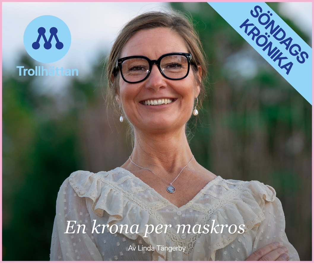Linda Tängerby ler mot kameran i en trädgård. Text på bilden: Söndagskrönika - En krona per maskros.